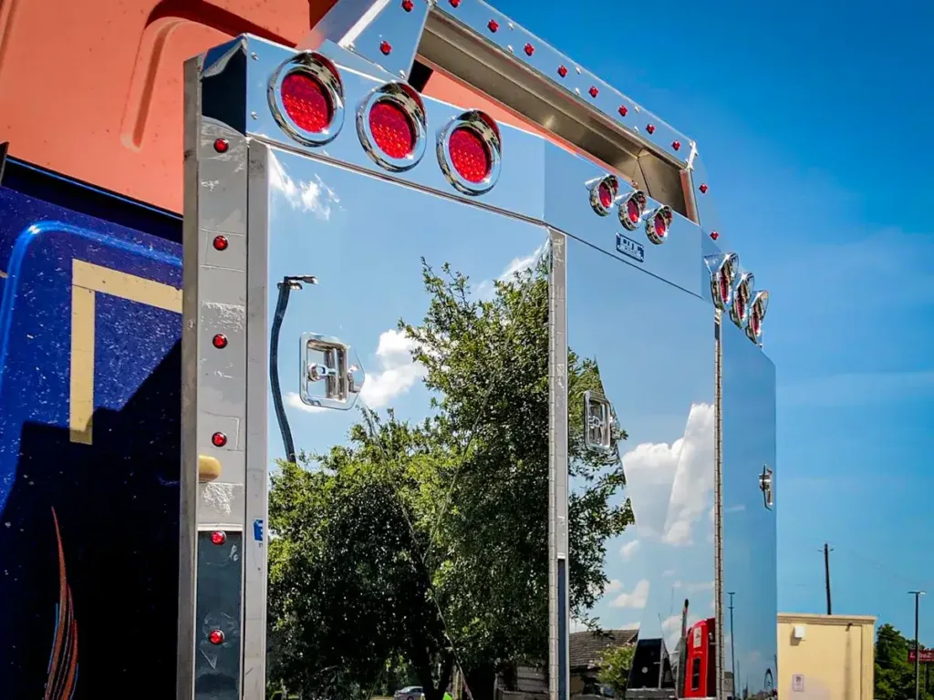 Angled Face Stainless Steel Enclosed Headache Rack on a Semi Truck