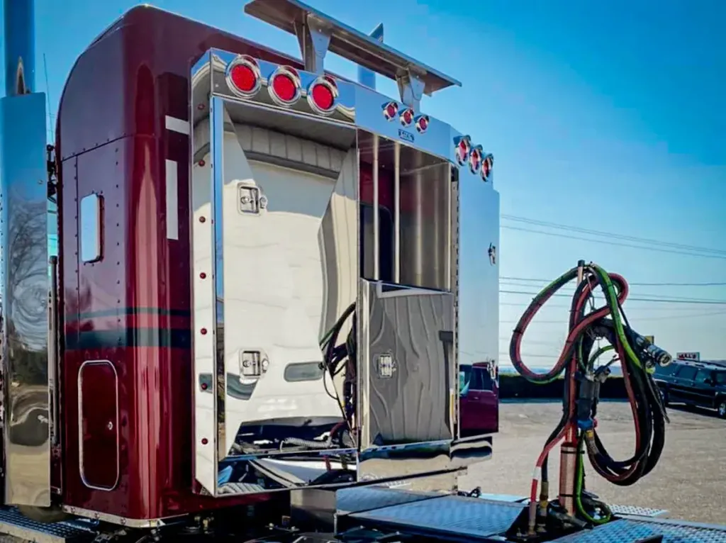 Angled Face Stainless Steel Enclosed Headache Rack on a Semi Truck