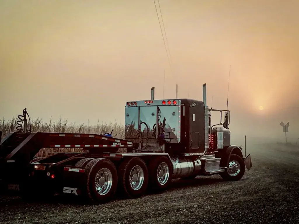 Angled Face Stainless Steel Enclosed Headache Rack on a Semi Truck
