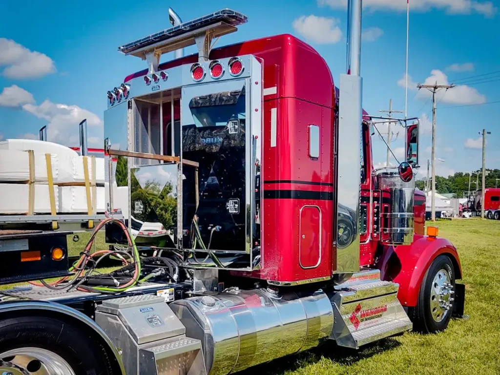 Angled Face Stainless Steel Enclosed Headache Rack on a Semi Truck