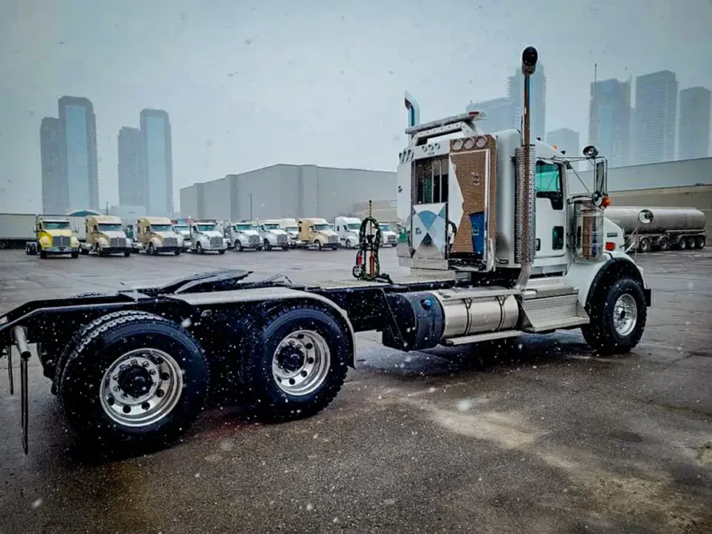 Angled Face Stainless Steel Enclosed Headache Rack on a Semi Truck