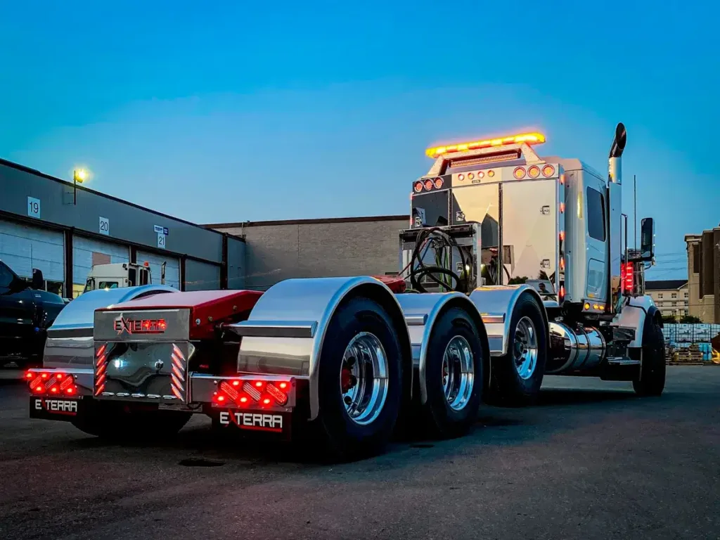 Angled Face Stainless Steel Enclosed Headache Rack on a Semi Truck