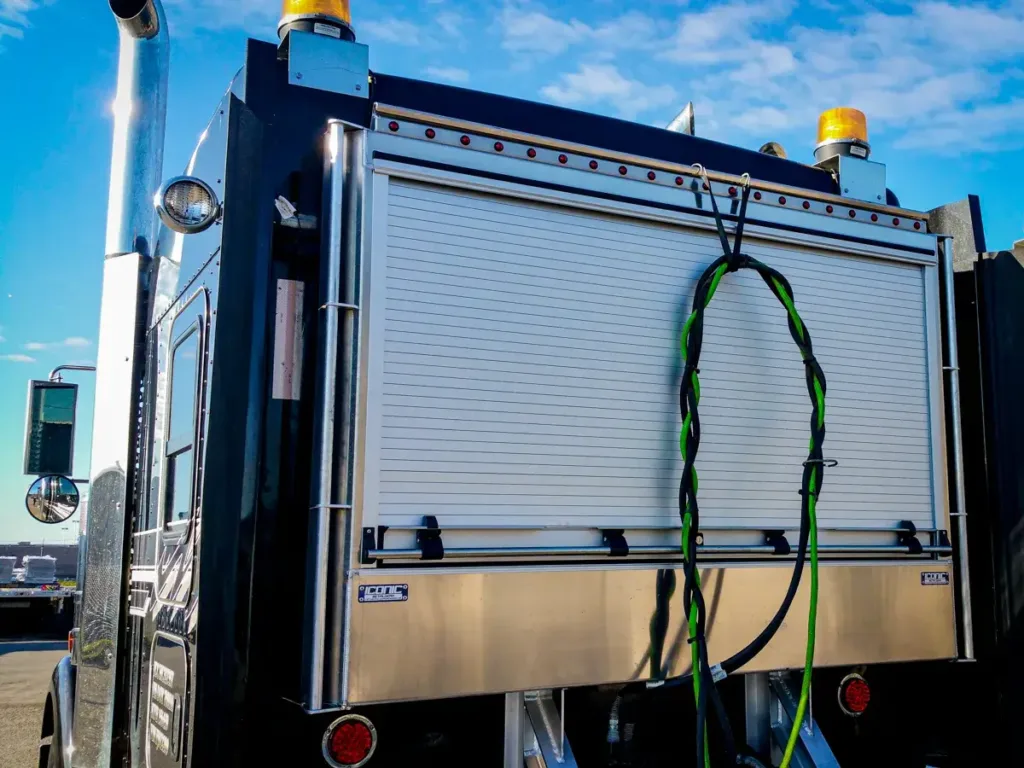 Roll-Up Door Enclosed Headache Rack on a Semi Truck