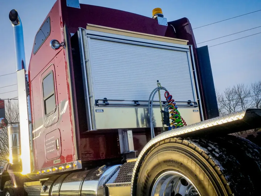 Roll-Up Door Enclosed Headache Rack on a Semi Truck