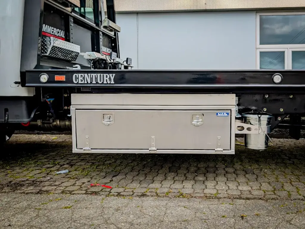 Drop-Down Door T-Handle Underbody Toolbox Installed on a Truck